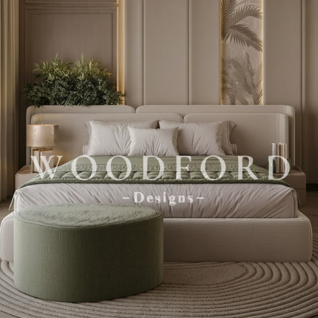 Woodford Modern Upholstered Bed Set with Sage Green Ottoman