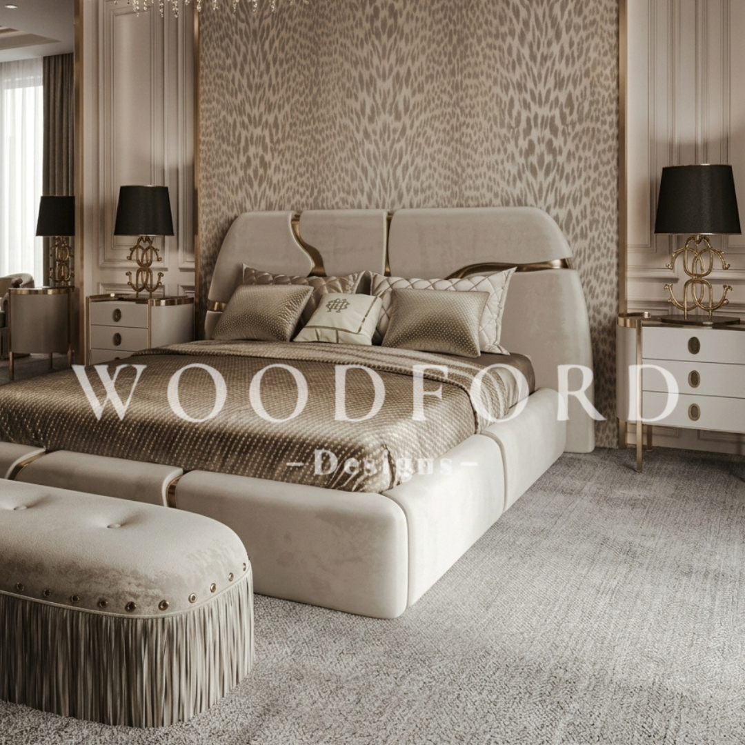 Woodford Luxury Asymmetrical Bed Set with Gold Inlays & Fringed Settee (Cream) - Image 2