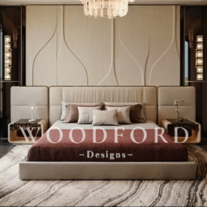 Woodford Modern Wide-Panel Bed Set with Marble Top Side Tables (Cream)