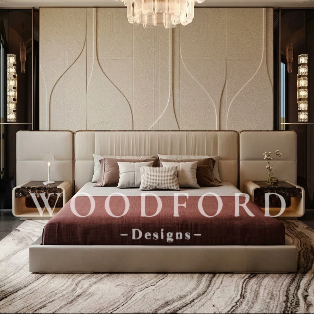 Woodford Modern Wide-Panel Bed Set with Marble Top Side Tables (Cream)