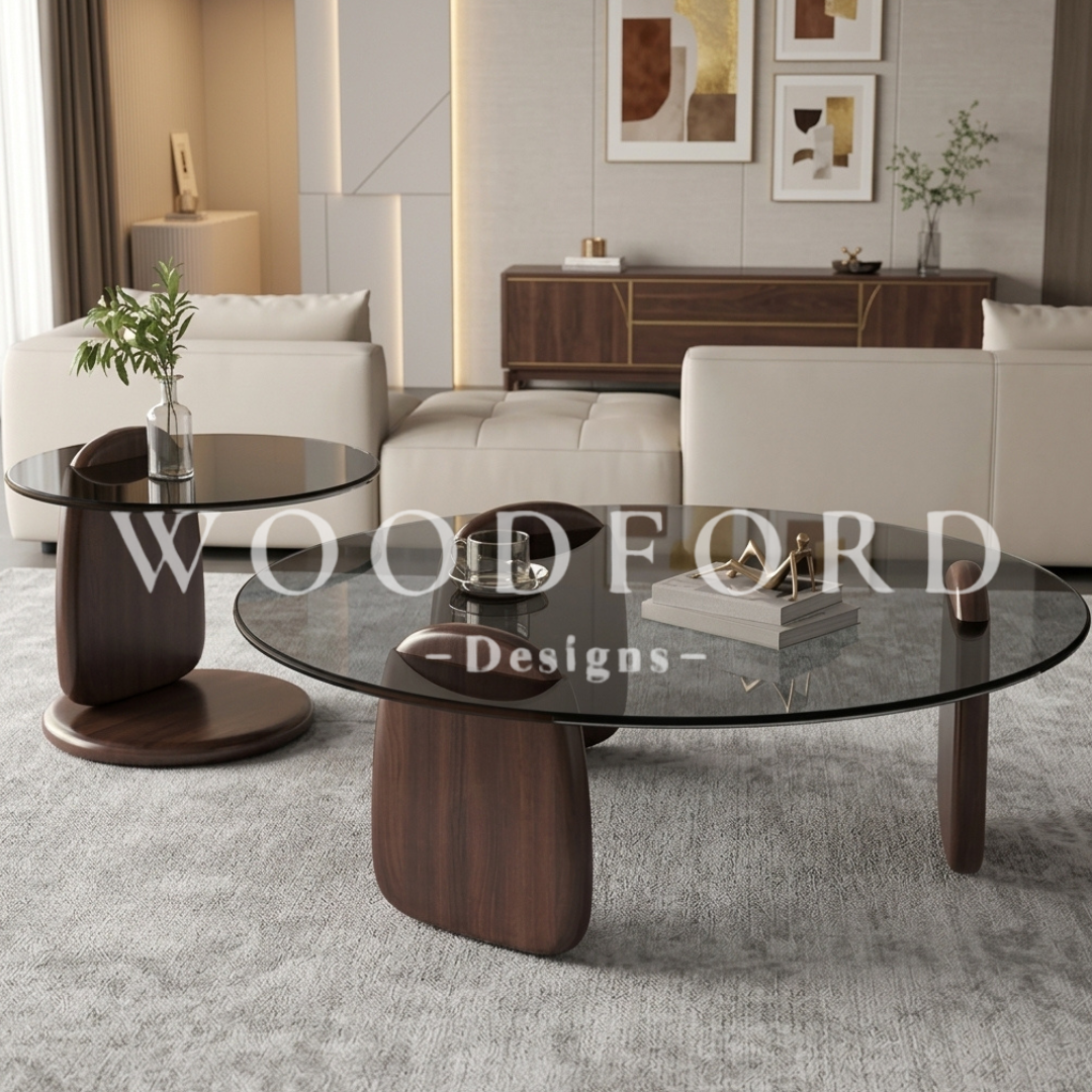 Woodford Luxury Smoked Glass & Walnut Sculptural Center Table Set