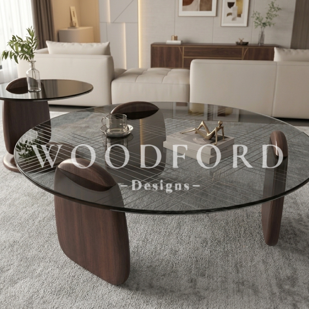 Woodford Luxury Smoked Glass & Walnut Sculptural Center Table Set - Image 2