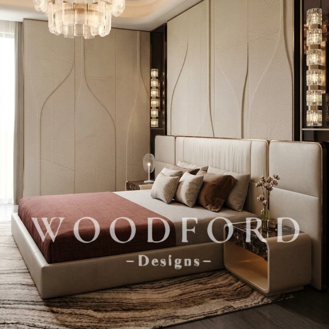 Woodford Modern Wide-Panel Bed Set with Marble Top Side Tables (Cream) - Image 2