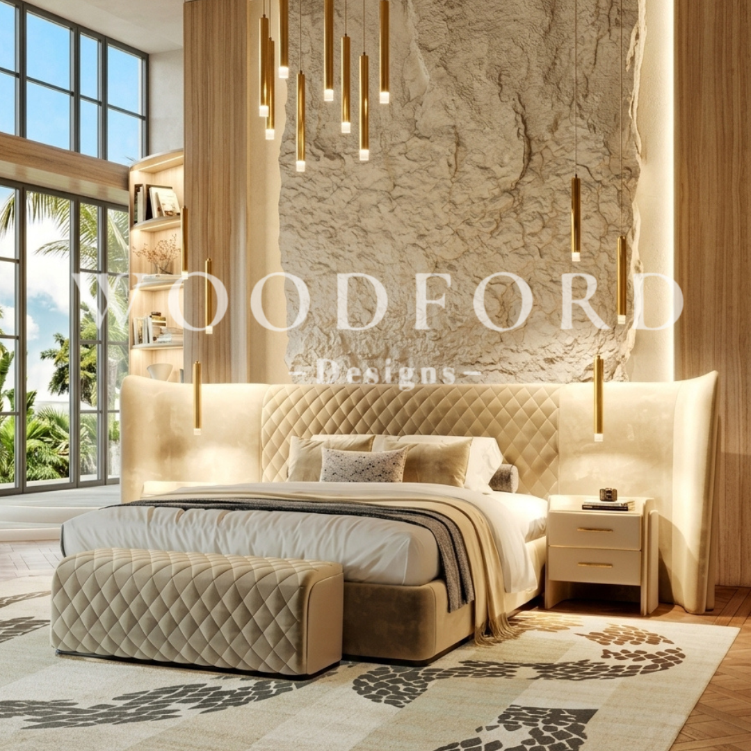 Woodford Luxury Diamond Tufted Wingback Bed Set & Settee (Cream) - Image 2