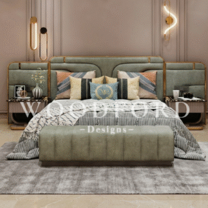 Woodford Modern Art Deco Bed Set with Gold Framing & Settee (Sage Green)
