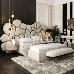 Woodford Luxury Asymmetrical Stone-Panel Bed Set & Settee (Textured Cream)