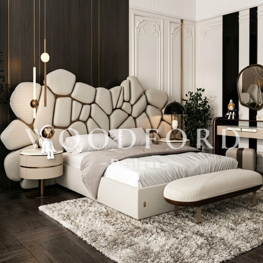 Woodford Luxury Asymmetrical Stone-Panel Bed Set & Settee (Textured Cream)