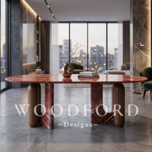 Woodford Luxury Sculptural Red Marble & Wood Oval Dining Table