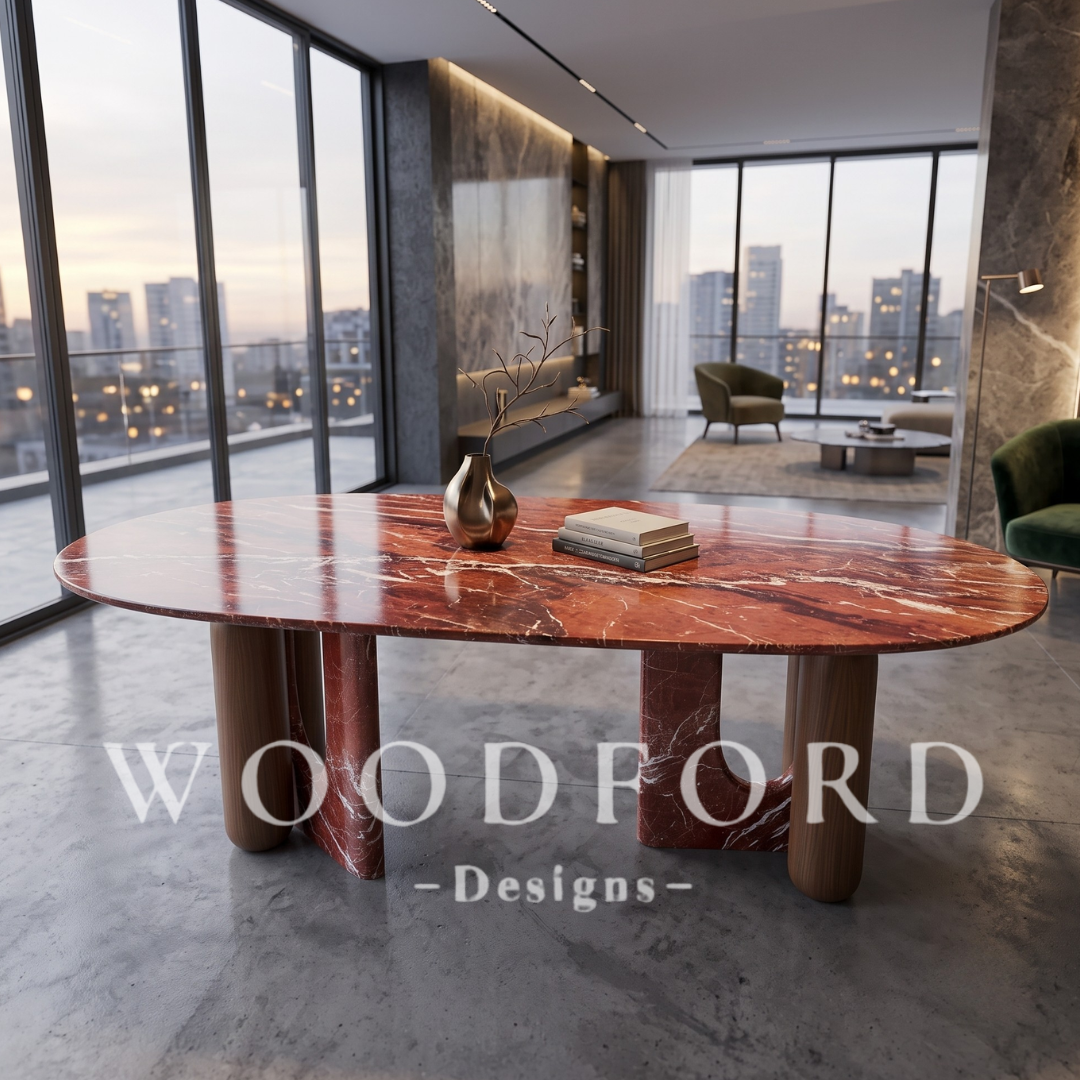 Woodford Luxury Sculptural Red Marble & Wood Oval Dining Table - Image 2