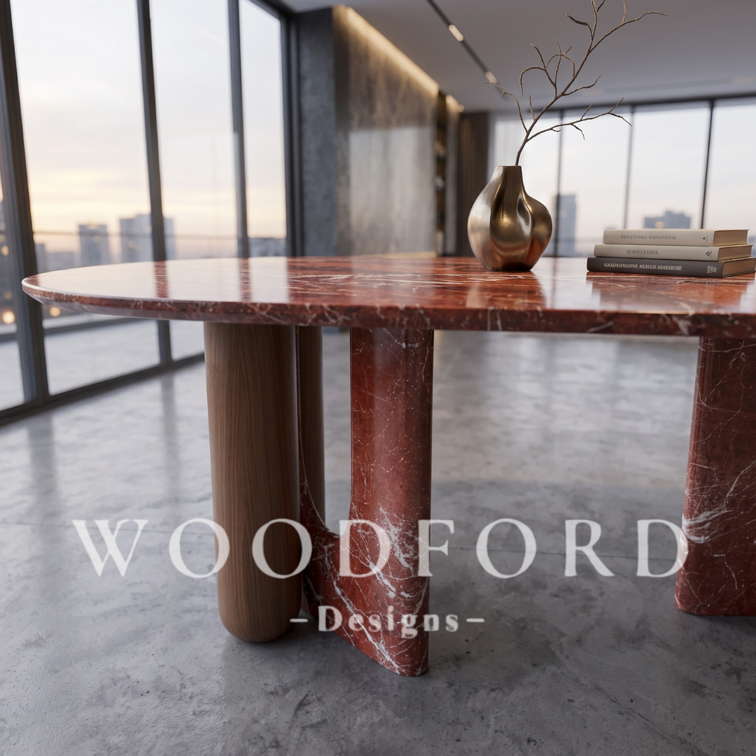 Woodford Luxury Sculptural Red Marble & Wood Oval Dining Table - Image 3
