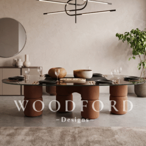 Woodford Luxury Postmodern Glass & Terracotta Bouclé Dining Table