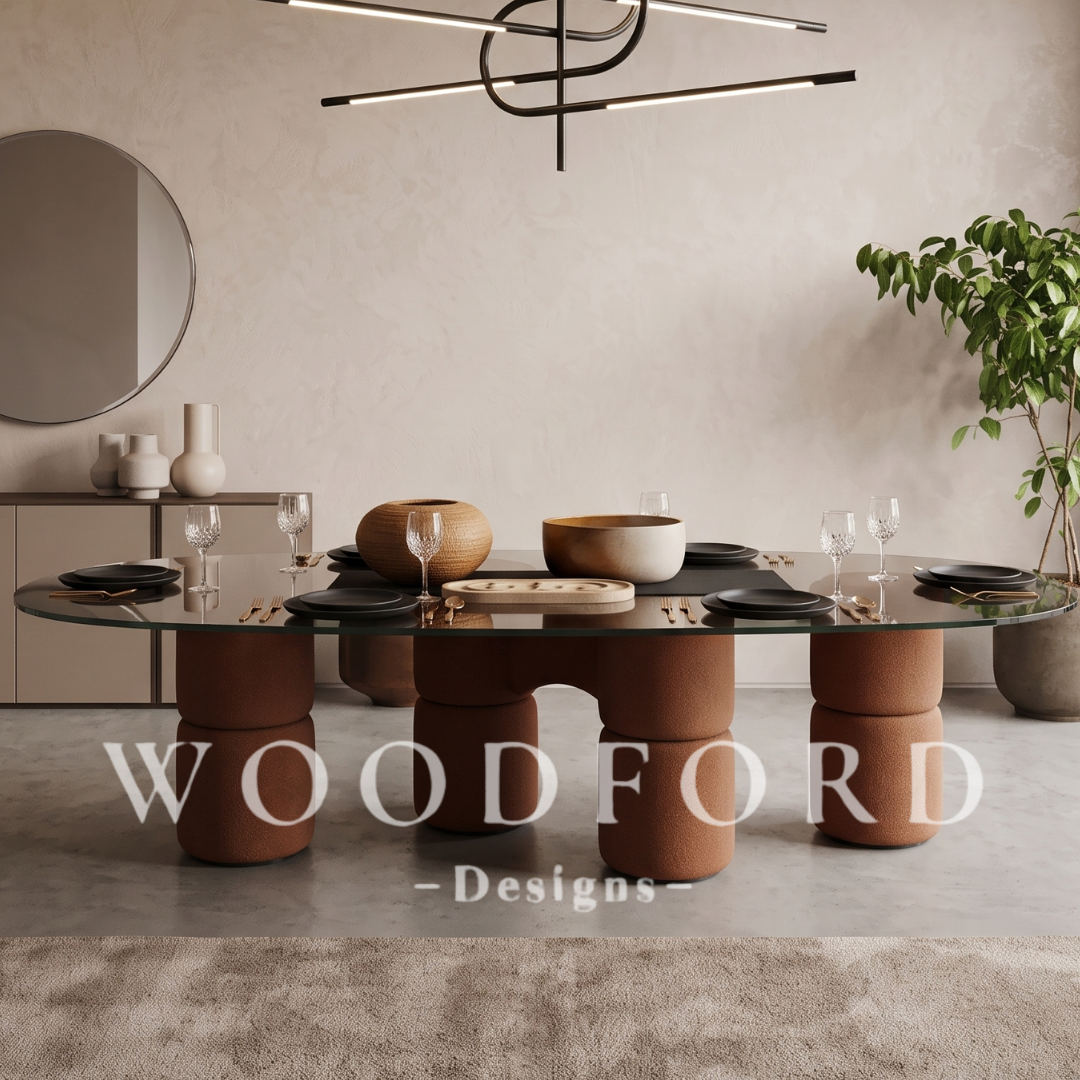 Woodford Luxury Postmodern Glass & Terracotta Bouclé Dining Table