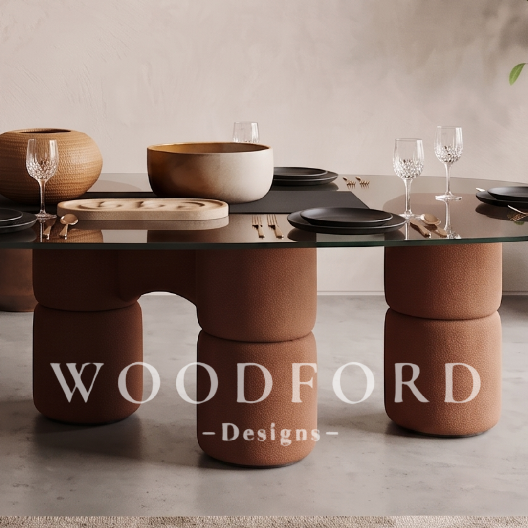 Woodford Luxury Postmodern Glass & Terracotta Bouclé Dining Table - Image 2