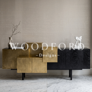 Woodford Luxury Asymmetrical Brass & Black Wood Media Console