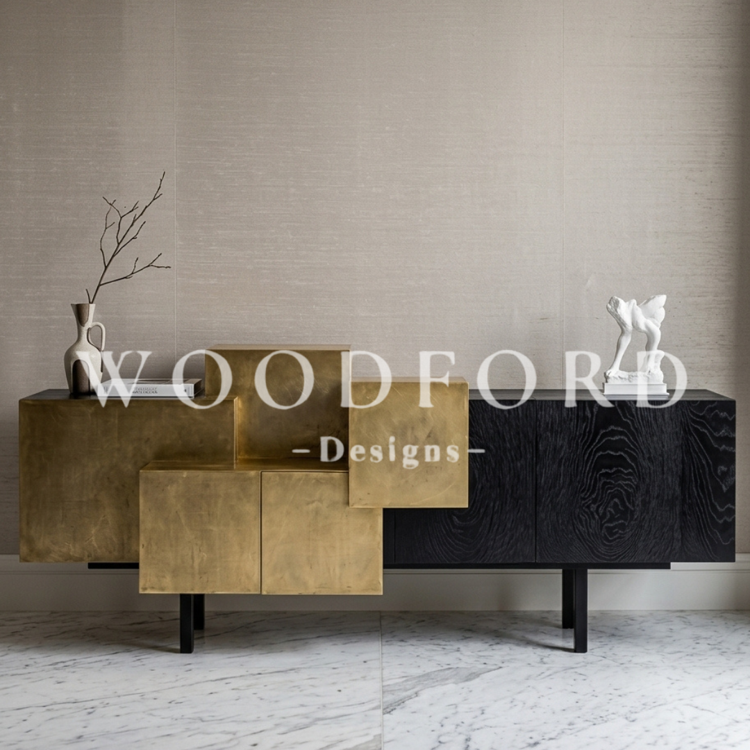 Woodford Luxury Asymmetrical Brass & Black Wood Media Console