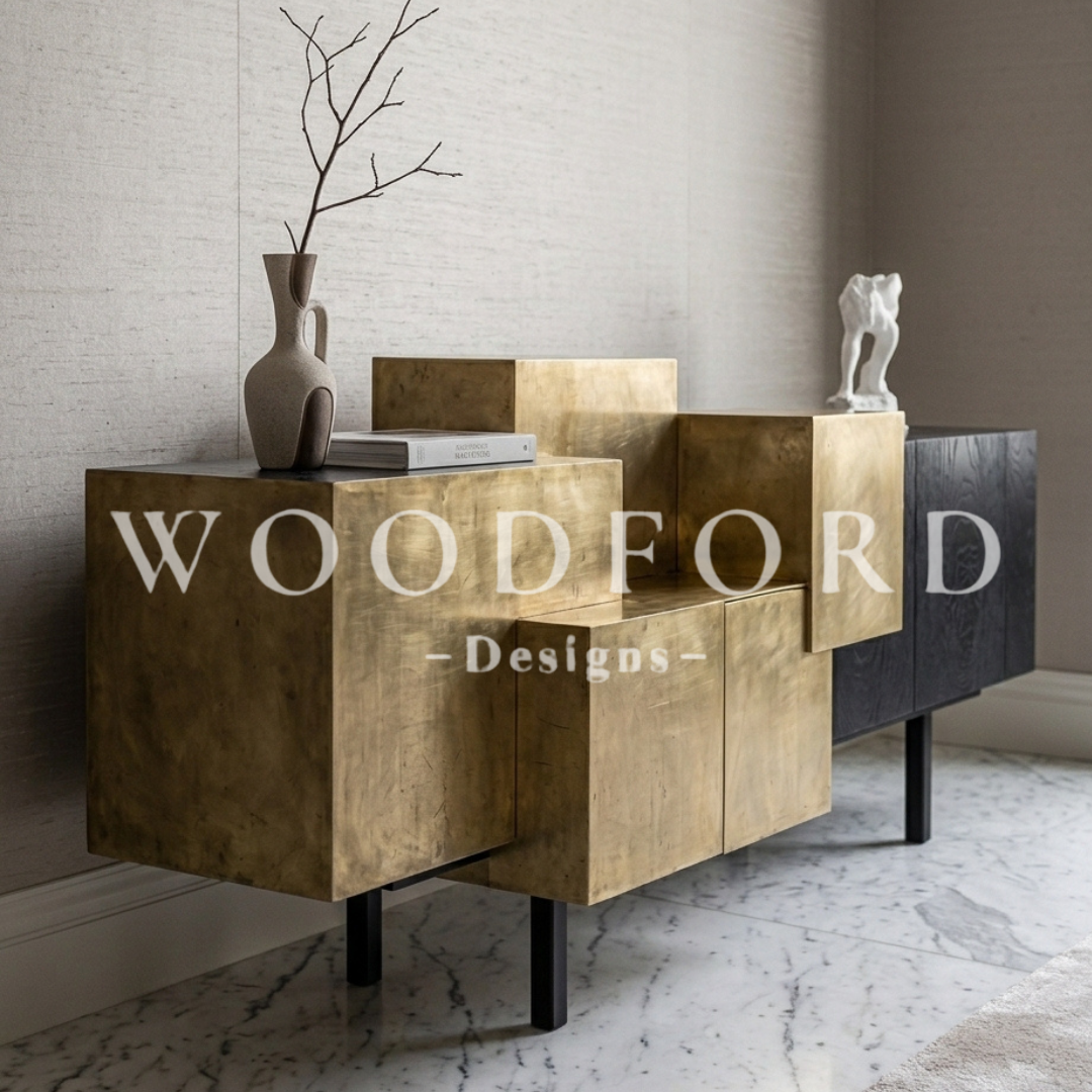 Woodford Luxury Asymmetrical Brass & Black Wood Media Console - Image 2