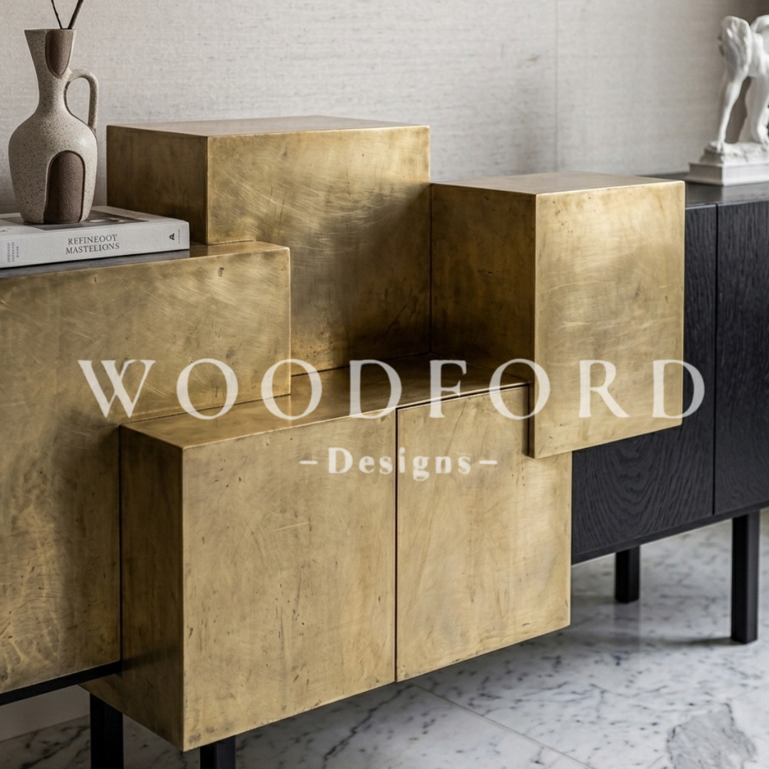 Woodford Luxury Asymmetrical Brass & Black Wood Media Console - Image 3