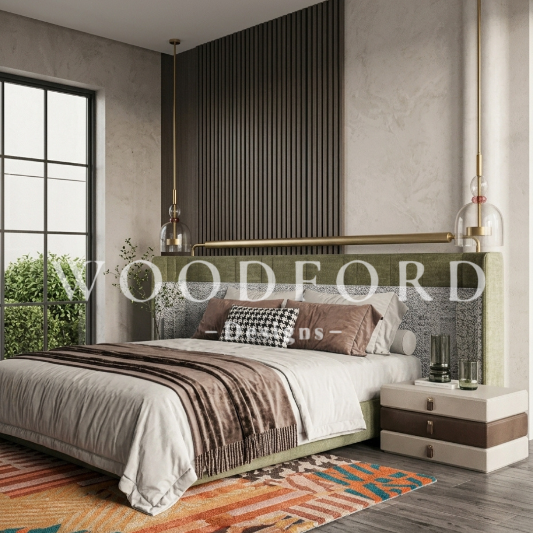 Woodford Modern Dual-Tone Bed Set with Brass Accents (Olive Green) - Image 2