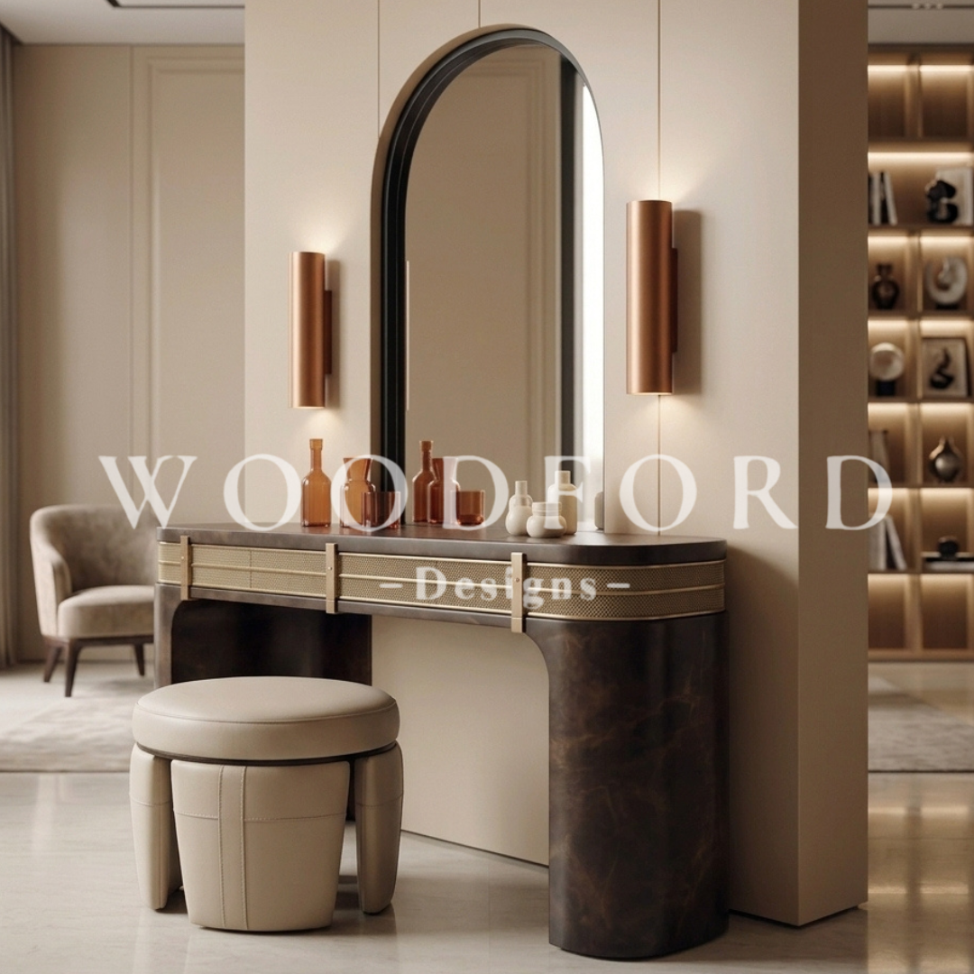 Woodford Luxury Curved Vanity Dresser Set with Arched Mirror & Stool - Image 2