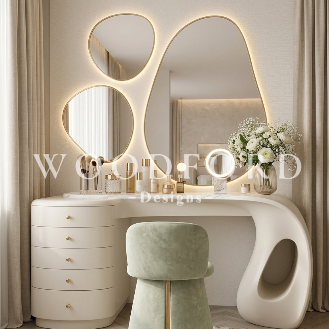Woodford Luxury Organic Sculptural Vanity Dresser Set with LED Mirrors & Velvet Stool