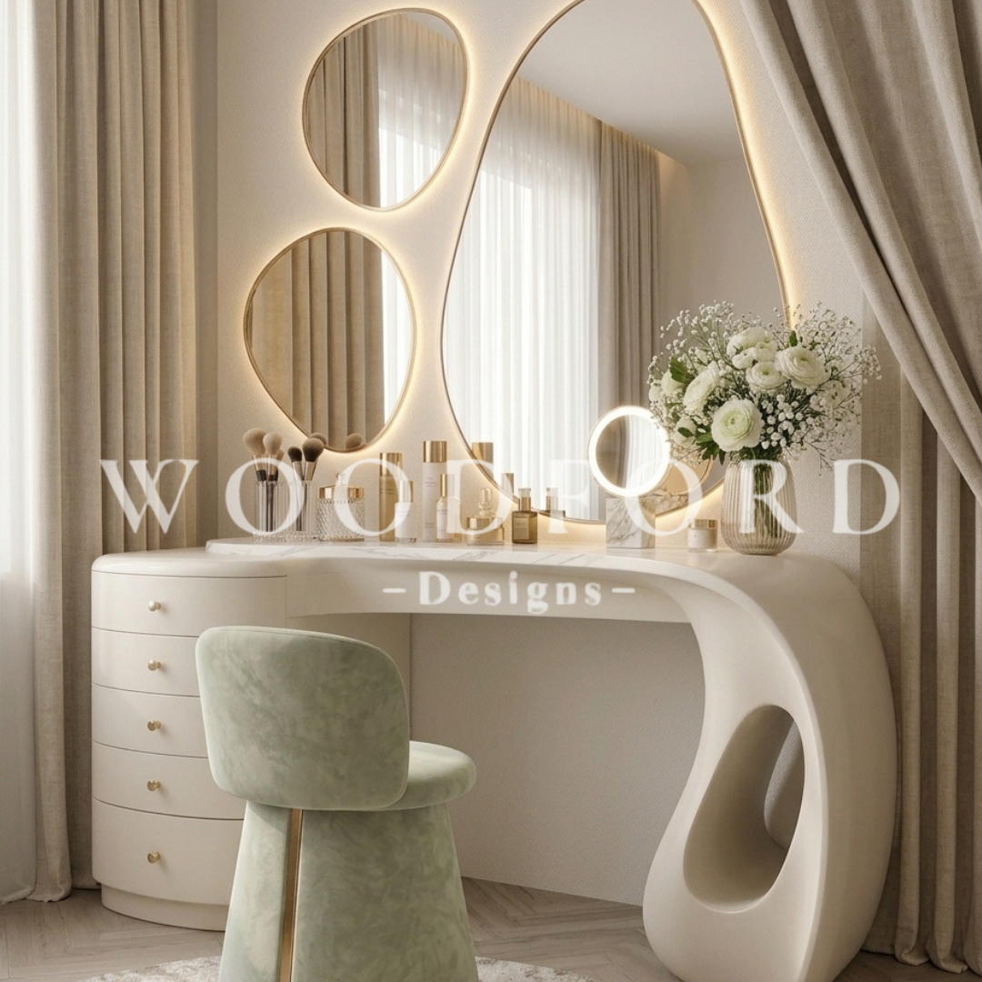 Woodford Luxury Organic Sculptural Vanity Dresser Set with LED Mirrors & Velvet Stool - Image 2