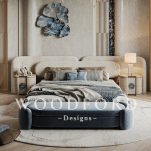 Woodford Modern Curved Bed Set with Agate Side Tables & Settee (Cream & Dusty Blue)