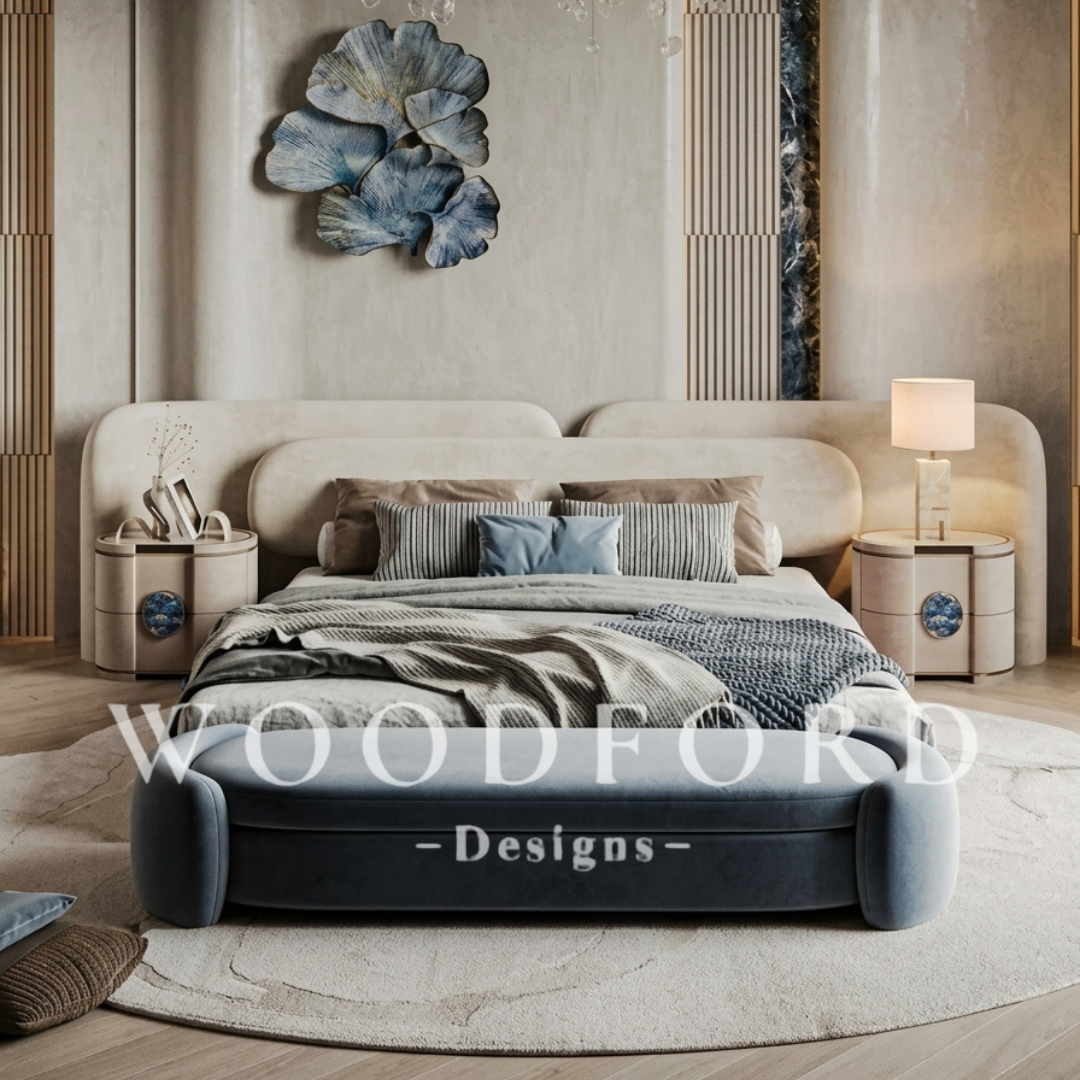 Woodford Modern Curved Bed Set with Agate Side Tables & Settee (Cream & Dusty Blue)