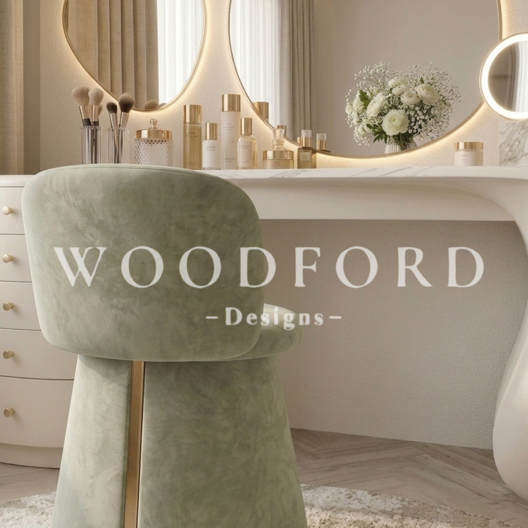 Woodford Luxury Organic Sculptural Vanity Dresser Set with LED Mirrors & Velvet Stool - Image 3