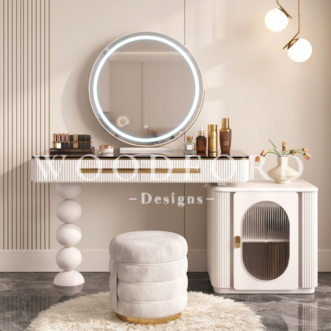 Woodford Luxury Fluted Vanity Dresser Set with Smart LED Mirror & Stool (White & Gold)