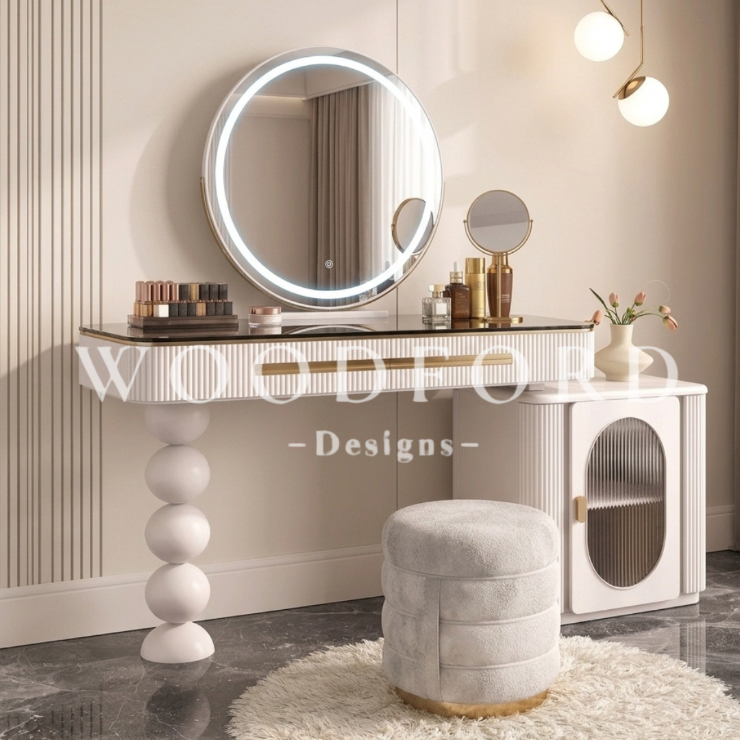 Woodford Luxury Fluted Vanity Dresser Set with Smart LED Mirror & Stool (White & Gold) - Image 2