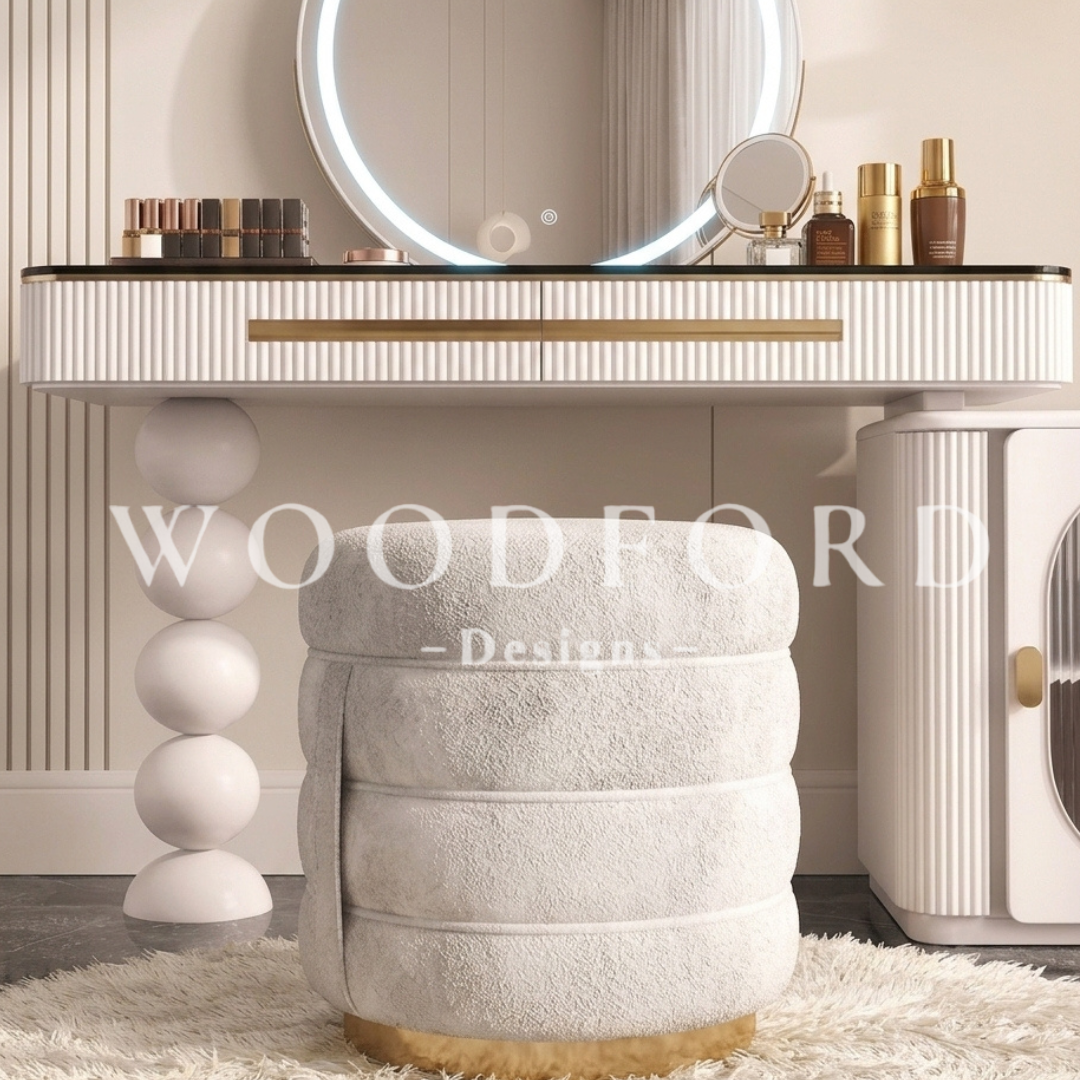 Woodford Luxury Fluted Vanity Dresser Set with Smart LED Mirror & Stool (White & Gold) - Image 3