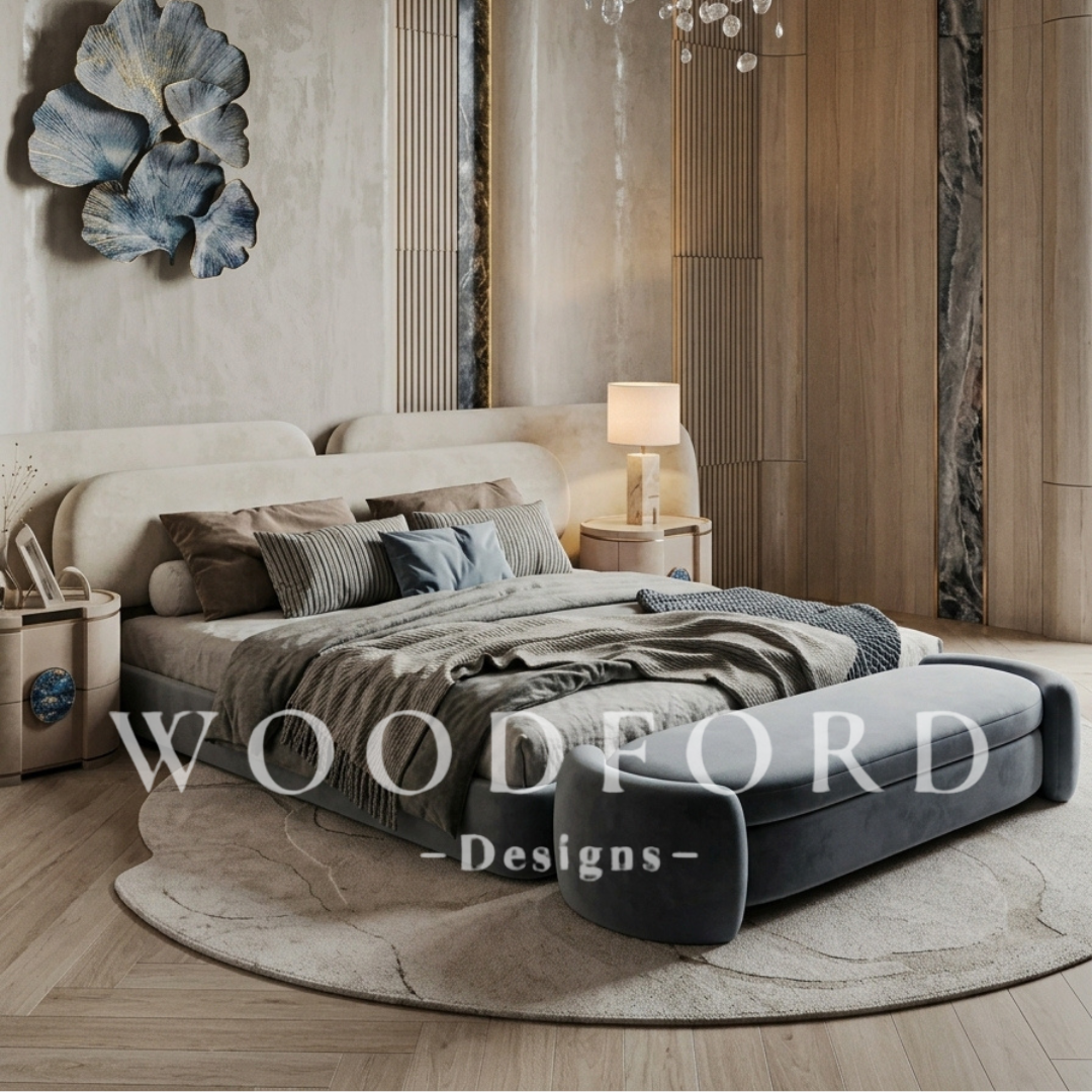 Woodford Modern Curved Bed Set with Agate Side Tables & Settee (Cream & Dusty Blue) - Image 2