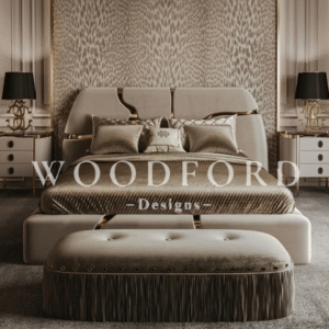 Woodford Luxury Asymmetrical Bed Set with Gold Inlays & Fringed Settee (Cream)
