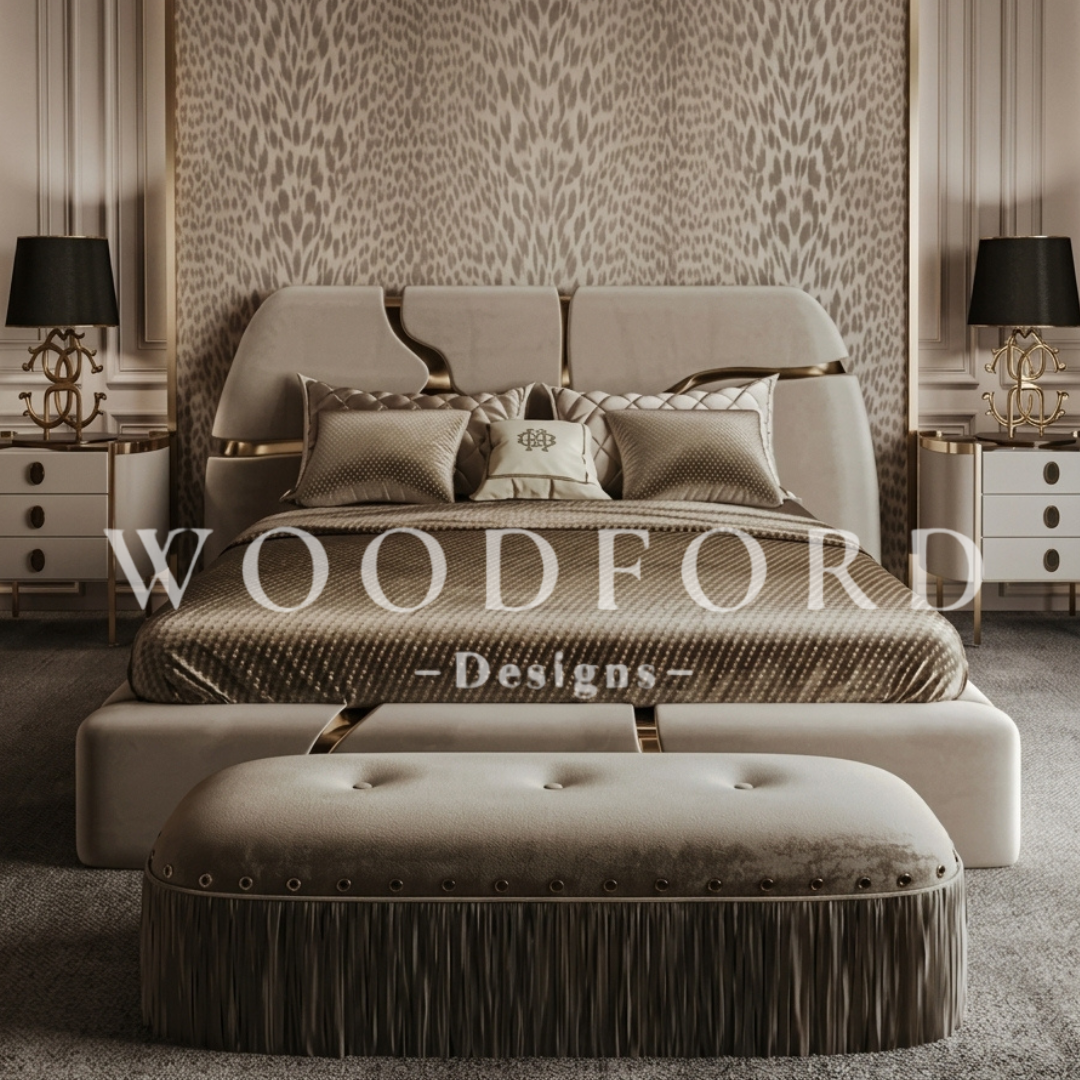 Woodford Luxury Asymmetrical Bed Set with Gold Inlays & Fringed Settee (Cream)