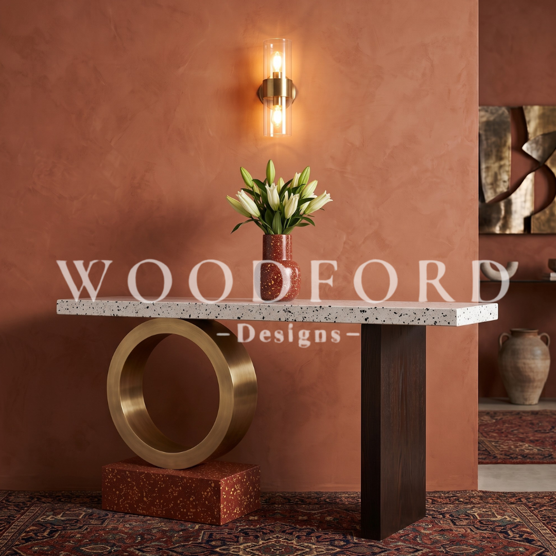 Woodford Modern Sculptural Terrazzo Console Table with Brass Ring - Image 2